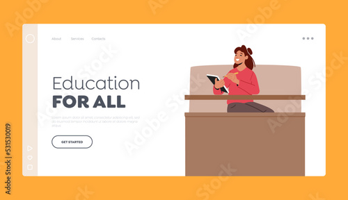 University Education Landing Page Template. Young Woman Sitting at Desk with Notepad in University Hall Making Notes