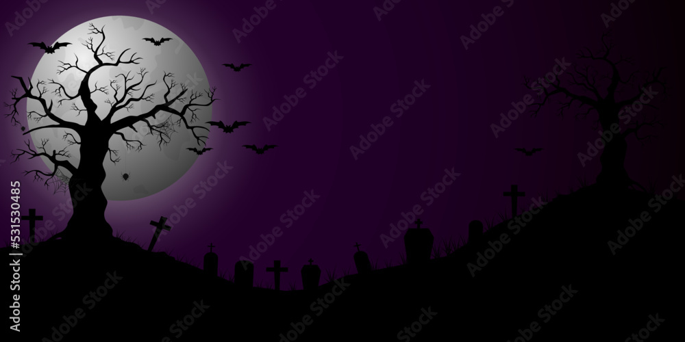 Halloween background. The full moon and bats on a violet background. Night sky.Halloween design. Vector illustration