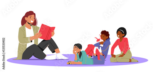 Preschool Teaching, Education Concept. Young Teacher Character Read Book To Children. Classes In Kindergarten or Nursery