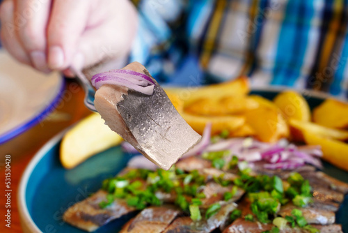 A piece of herring close-up. Man's hand holding a fork with herring over a plate