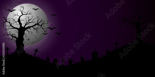 Halloween background. The full moon and bats on a violet background. Night sky.Halloween design. Vector illustration