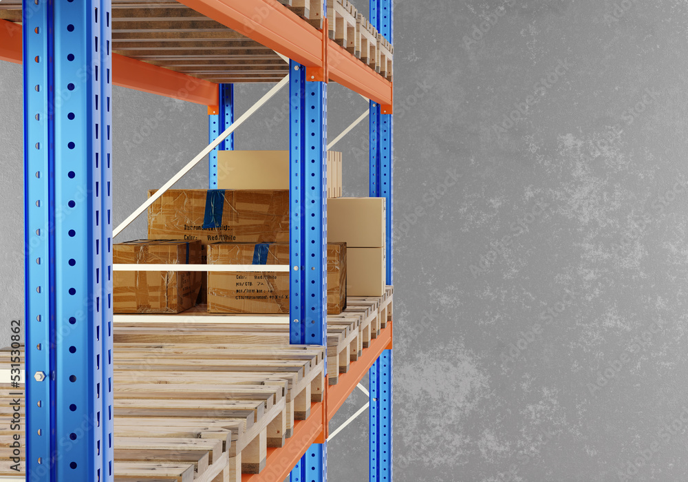 Warehouse rack closeup. Fragment warehouse rack with pallets. Cardboard boxes are stored on