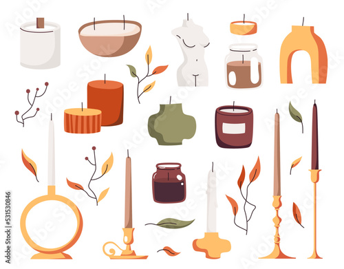 Cozy collection of various candles different shapes and sizes. Hygge time. Aromatherapy and relaxation set. Decorative wax candles for relax and spa. Fall home decor concept.