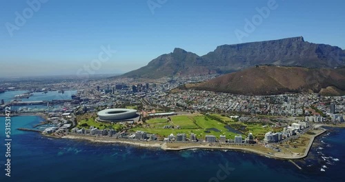 Aerial View to the Capetown City Center with the Stadium and Green Hills, South Africa