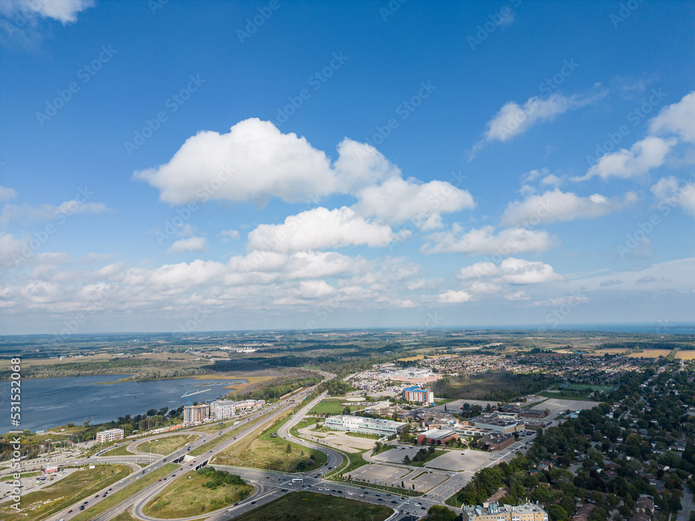 Fototapeta premium Barrie centennial park beginning of fall cloudy day blue skies drone pic