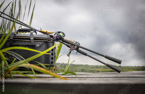 Fishing tackle background. Tools for big fish. 