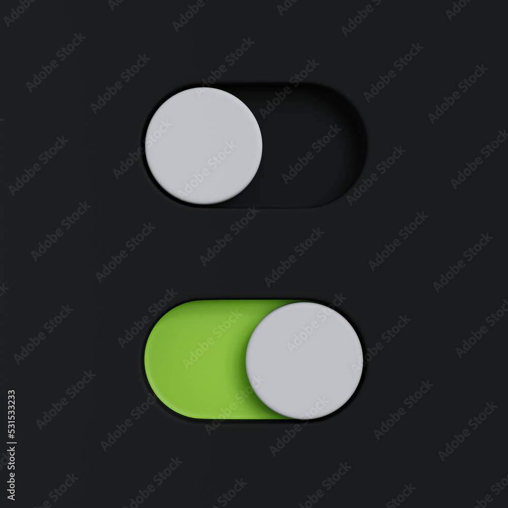 Toggle switch buttons on dark background. 3D render. 3D illustration. Toggle switch buttons on dark background. 3D render. 3D illustration.