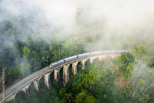 Aerial view with fog over the nine arches bridge Ella Sri Lanka