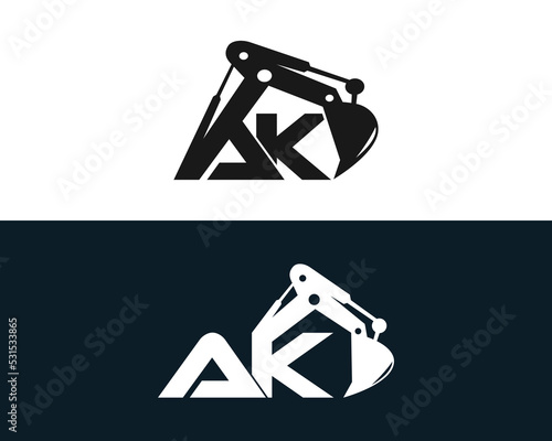 Initial Letter AK Excavator Logo Design Concept. Creative Excavators, Construction Machinery Special Equipment Vector Illustration.