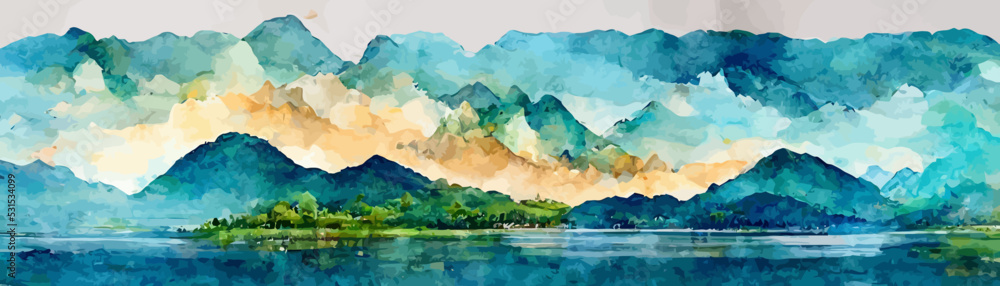 landscape background with mountains and hills in watercolor style - obrazy, fototapety, plakaty 