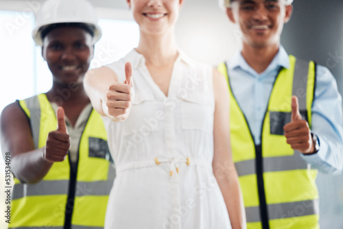 Thumbs up  hands or success for manager of construction worker  engineer or architect diversity. Collaboration  leader or trust gesture for building designer woman with teamwork or real estate vision