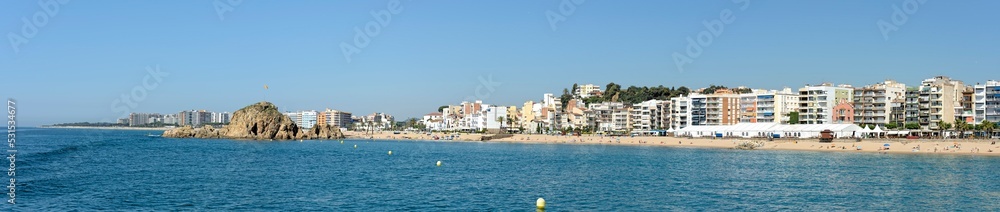 Coastline with Blanes beach towards Sa Palomera Rock, Catalonia.