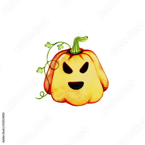 Jack-o'-lantern. Pumpkin halloween. Watercolor hand drawn. PNG format without background photo