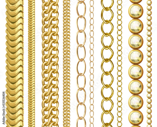 Golden chain collection, vector cartoon illustration of jewelry chains isolated on white background