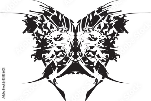 Scary tribal butterfly wings in black-white tonality for shield emblems or tattoos. Gothic ornamental butterfly for fabric products, web icons, textiles, labels, interior, fashion trends, cards, etc.