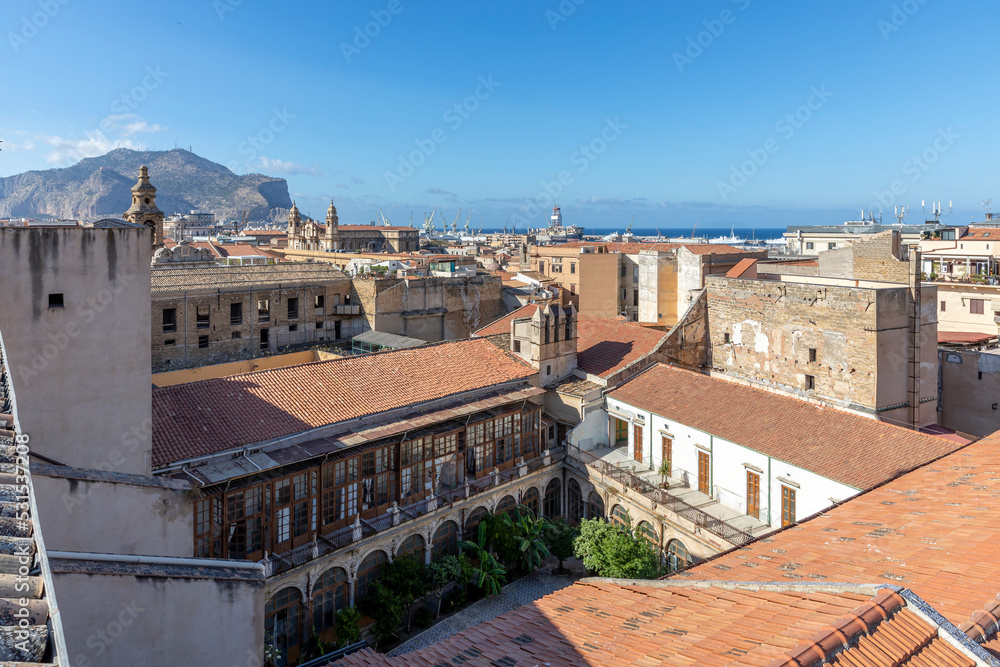 Palermo, Italy - July 7, 2020: Glimpse of the Cloister of the Monastery of Santa Caterina d'Alessandria, once it was a cloister monastery of the Dominican Order.