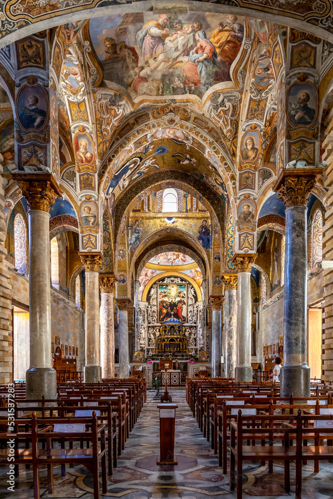 Palermo, Italy - July 7, 2020: Famous Martorana cathedral with beautiful mosaics on 12th century walls. Palermo is an UNESCO World Heritage Site with Arab-Norman churches in Sicily, Italy