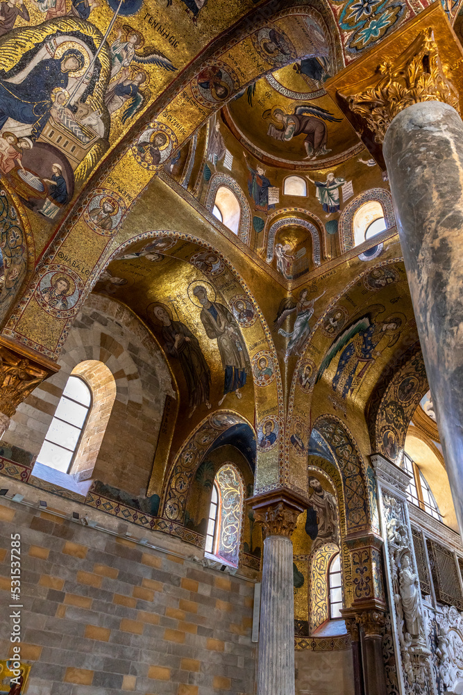 Palermo, Italy - July 7, 2020: Famous Martorana cathedral with beautiful mosaics on 12th century walls. Palermo is an UNESCO World Heritage Site with Arab-Norman churches in Sicily, Italy Palermo, Italy - July 7, 2020: Famous Martorana cathedral with beautiful mosaics on 12th century walls. Palermo is an UNESCO World Heritage Site with Arab-Norman churches in Sicily, Italy