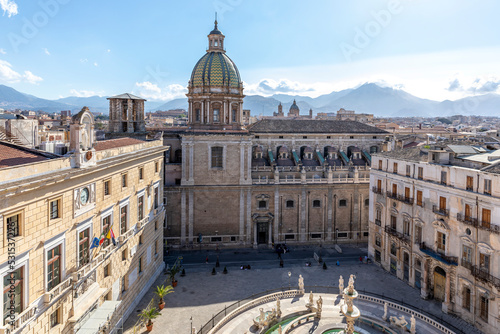 Palermo, Italy - July 7, 2020: Panoramic view of Piazza Pretoria or Piazza della Vergogna, Palermo, Sicily