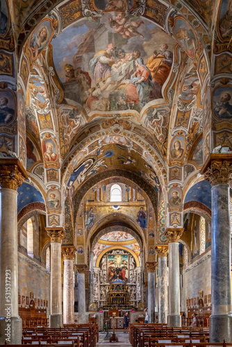Palermo  Italy - July 7  2020  Famous Martorana cathedral with beautiful mosaics on 12th century walls. Palermo is an UNESCO World Heritage Site with Arab-Norman churches in Sicily  Italy