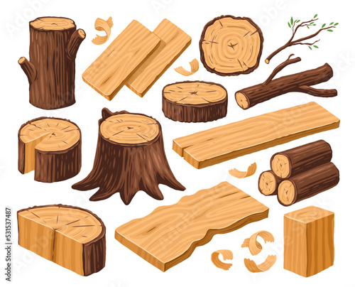 Set of wood logs for lumber industry. Woodworking concept. Tree trunk, stump and planks. Woodwork vector illustration photo