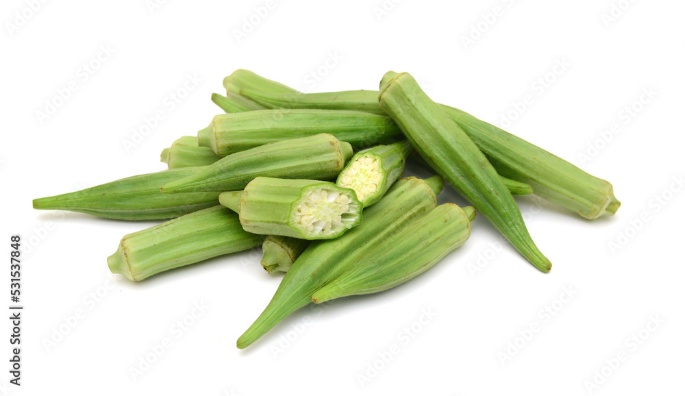 Fresh raw okra isolated on white background, horizontal with copy space Fresh raw okra isolated on white background, horizontal with copy space