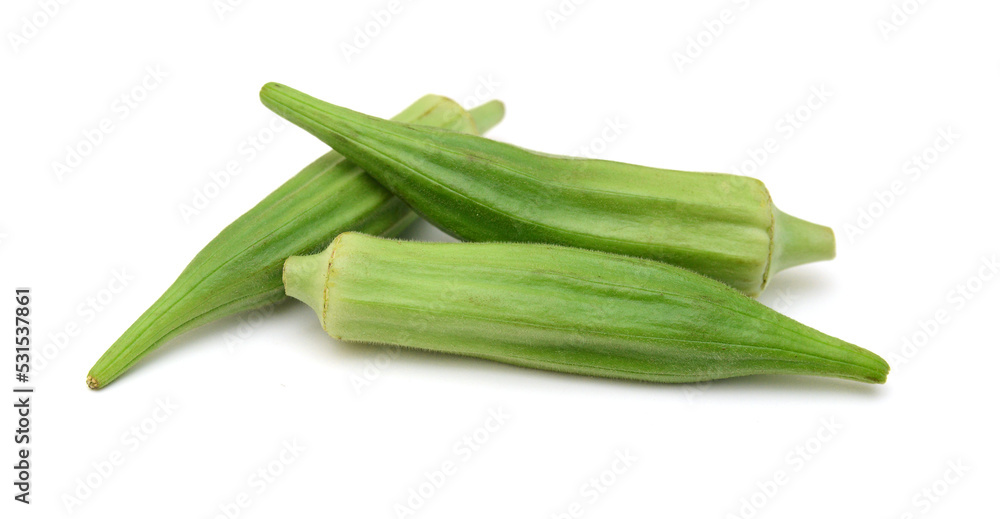 Fresh raw okra isolated on white background, horizontal with copy space Fresh raw okra isolated on white background, horizontal with copy space