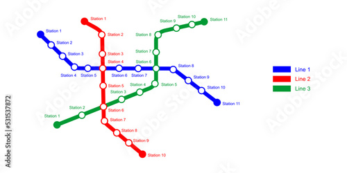 Metro map template. Subway scheme with 3 colored way lines with stations. Infographic diagram of public rapid transport network isolated on white background. Vector illustration