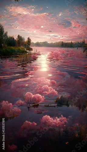 beautiful pink sunset or sunrise landscape illustration. Generative AI photo