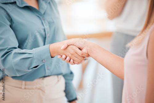 B2b, thank you and handshake with business women in a meeting welcome, partnership and agreement on contract. Employee and ceo shake hands on work deal, teamwork and success in office collaboration