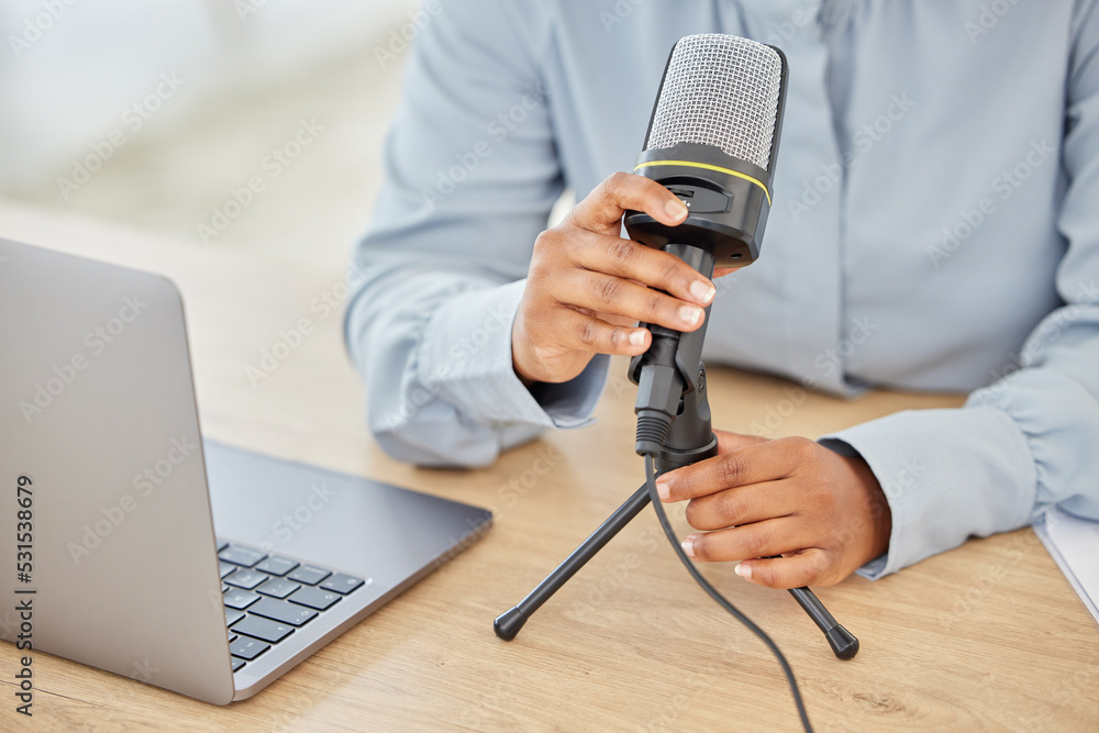 Microphone, laptop or hands of black woman on podcast, blogger or podcaster  recording. Talking on mic for talk show, radio host or audio equipment for  live broadcast, influencer speaking or dialogue Photos