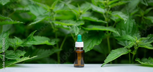 Glass bottle of stinging nettle on blurred background of green nettle bushes.