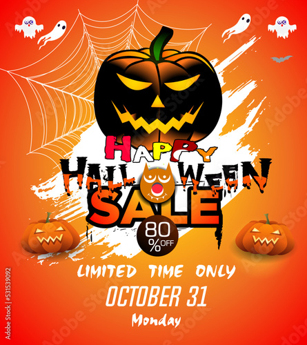 Halloween party background with horror design. Halloween party poster, happy Halloween discount sale podium banner with lantern pumpkin. Halloween night vector illustration with bat spiders ghost.