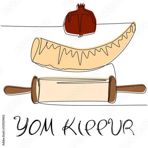 Pomegranate, animal horn, and manuscript in one line with the color silhouette. Vector concept for Yom Kippur celebration.