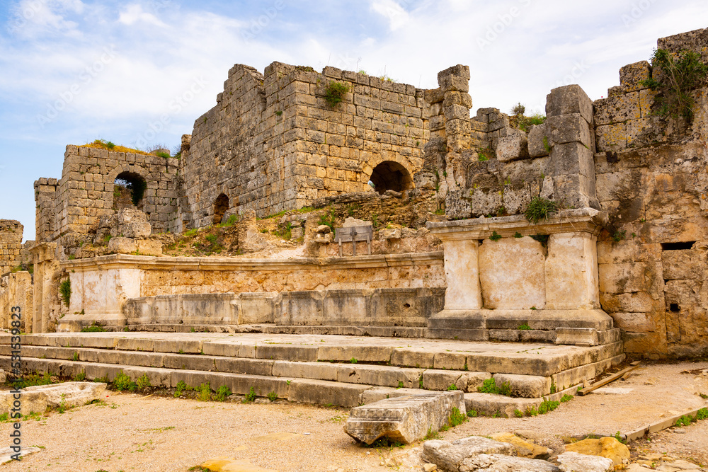 Scenic ruins of the nymphaeum in Perge (Perga). Turkey