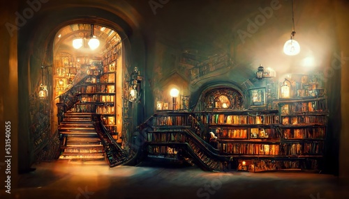 Fantasy library with hundreds of books and stairs photo