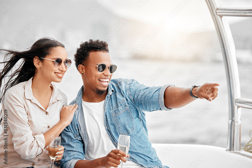 Couple love to travel on a luxury yacht at sea together on a romantic date in nature on a holiday vacation. Smile, happy and young boyfriend and woman enjoy champagne in the ocean on a boat cruise Couple love to travel on a luxury yacht at sea together on a romantic date in nature on a holiday vacation. Smile, happy and young boyfriend and woman enjoy champagne in the ocean on a boat cruise