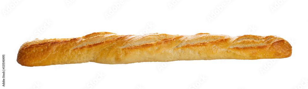 Isolated long thin baguette with a crisp baked crust