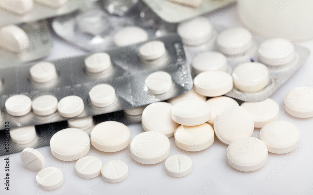 Various pills and medical pills, antibiotics closeup. High quality photo