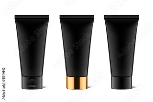 Black tube with flip top cap mockup. Vector illustration isolated on white background. Can be use for your design, advertising, promo and etc. Symmetrical lighting scheme. EPS10.	