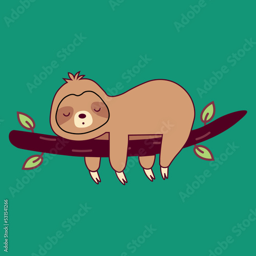 Cute sloth lying on tree branch. Funny lazy baby animal. Happy sweet slow character. Flat vector illustration isolated on white background