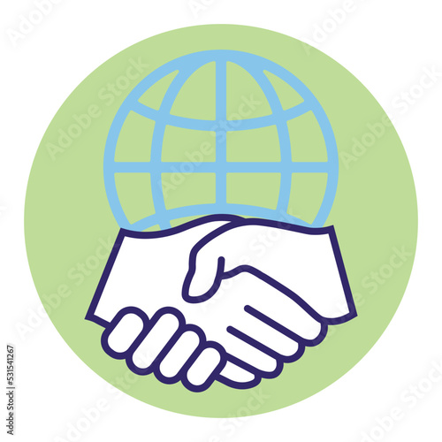 Handshake and globe line icon. International agreement concept. World partnership linear symbol. Vector isolated on white.
