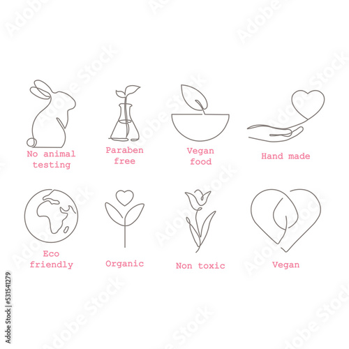 Vector set of design elements, logo design template, icons and badges for natural and organic cosmetics and food in a fashionable linear style