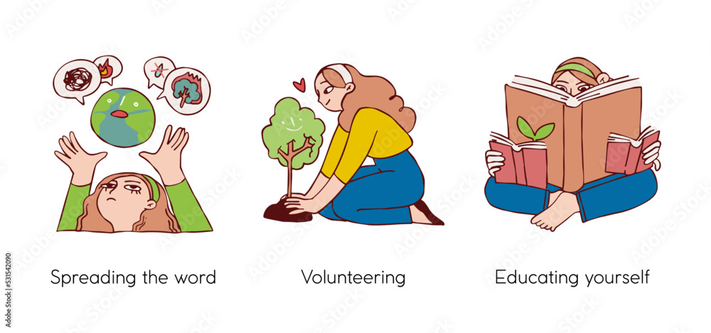 Fototapeta premium Eco friendly lifestyle and protecting the environment - set of business concept illustrations. Spreading the word, Volunteering, Educating yourself. Visual stories collection