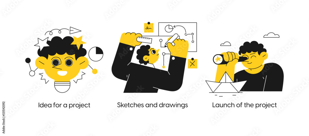 Startup and building new business - set of business concept illustrations. Idea for a project, sketches and drawings, Project launch. Visual stories collection