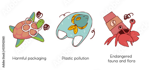 Eco friendly lifestyle and protecting the environment - set of business concept illustrations. Harmful packaging, Plastic pollution, Endangered, fauna and flora. Visual stories collection