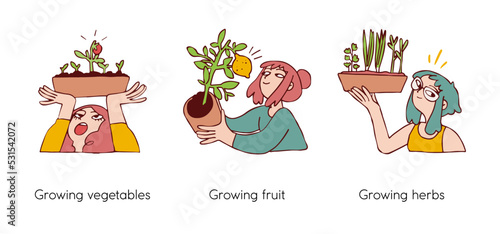 Eco friendly lifestyle and protecting the environment - set of business concept illustrations. Growing vegetables, fruits and herbs. Visual stories collection