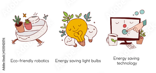Eco friendly lifestyle and protecting the environment - set of business concept illustrations. Eco-friendly robotics and energy saving technologies. Visual stories collection