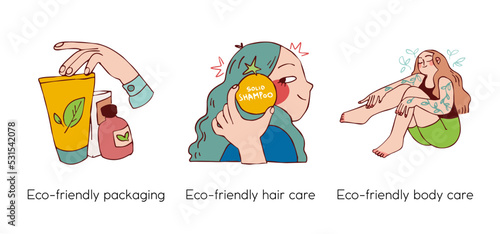 Eco friendly lifestyle and protecting the environment - set of business concept illustrations. Eco-friendly body care cosmetics. Visual stories collection