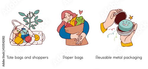 Eco friendly lifestyle and protecting the environment - set of business concept illustrations. Reusable packaging, paper bags and shoppers. Visual stories collection